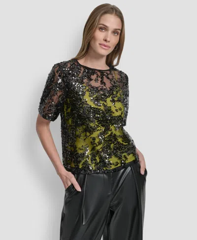 Dkny Women's Short Sleeve Sequin Overlay Boxy Top In Multi