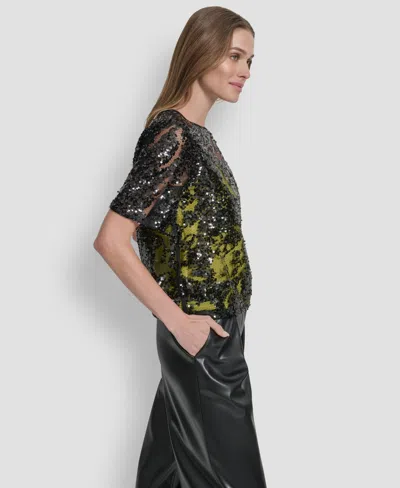 Dkny Women's Short Sleeve Sequin Overlay Boxy Top In Multi