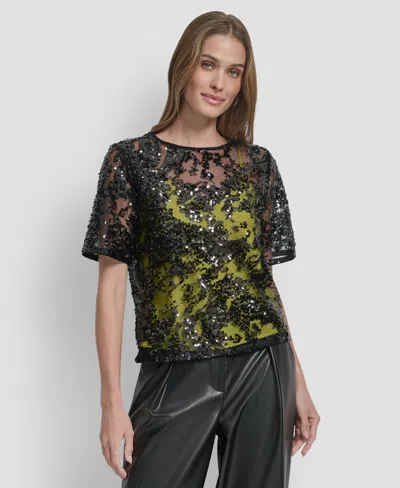 Dkny Women's Short Sleeve Sequin Overlay Boxy Top In Multi