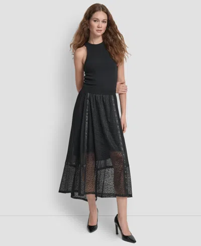 Dkny Women's Leopard Mesh Asymmetric Midi Skirt In Black