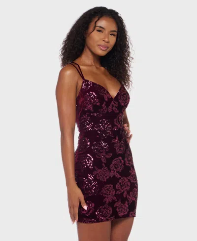 B Darlin Juniors' Sequin Embellished Sweetheart Neck Short Dress In Burgundy