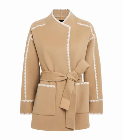 Maje Womens Camel Embroidered-trim High-neck Wool-blend Coat In Brown