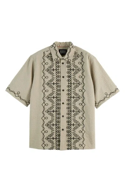 Scotch & Soda Men's Relaxed Fit Short Sleeve Embroidered Button-front Shirt In Neutral