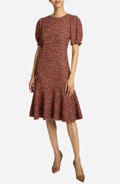 Santorelli Dasia Sheath Tweed Dress With Puff Sleeves In Brown