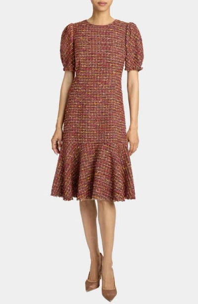 Santorelli Dasia Sheath Tweed Dress With Puff Sleeves In Brown