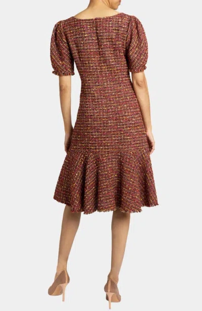 Santorelli Dasia Sheath Tweed Dress With Puff Sleeves In Brown