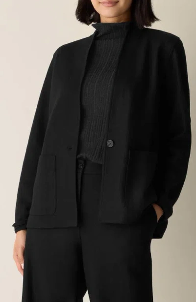 Eileen Fisher Felted Wool Jersey High Collar Jacket In Black