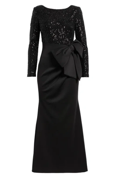 Eliza J Long Sleeved Boat Neck Combo Bow Mermaid Gown In Black