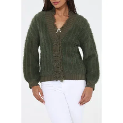 Rain And Rose Fuzzy Flower Button Cardigan In Green