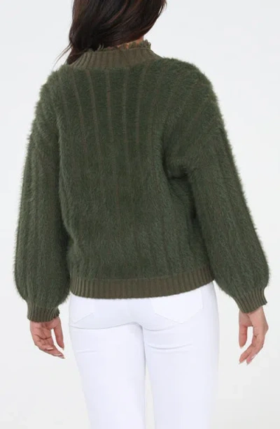 Rain And Rose Fuzzy Flower Button Cardigan In Green