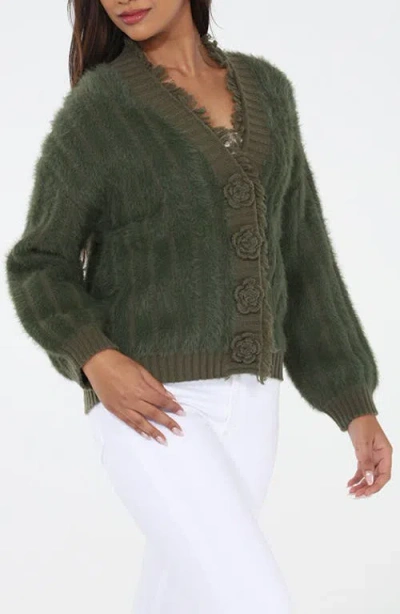 Rain And Rose Fuzzy Flower Button Cardigan In Green