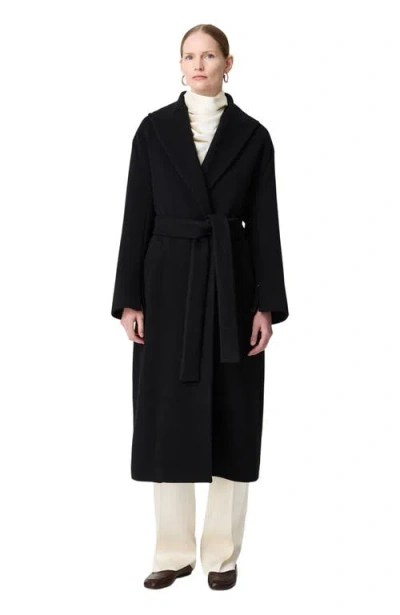 Another Tomorrow Belted Double-breasted Wool Coat In Black