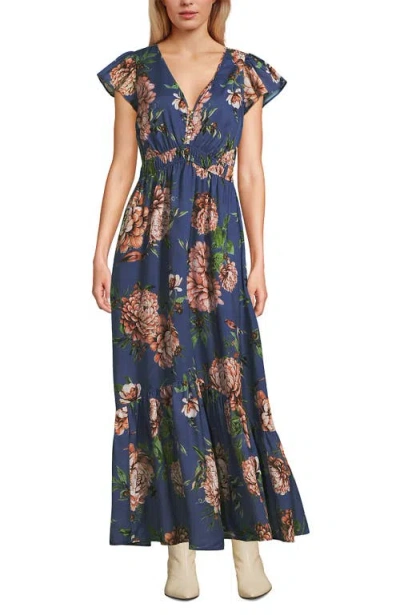Lands' End Vneck Flutter Sleeve Maxi Dress In Blue