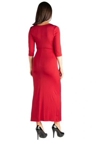 24seven Comfort Apparel Fitted V-neck Side Slit Maternity Maxi Dress In Red
