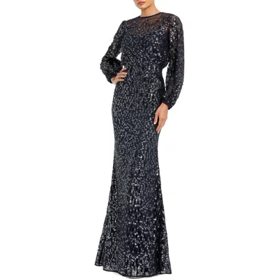 Mac Duggal Sequin Long Sleeve Blouson Evening Gown In Blue