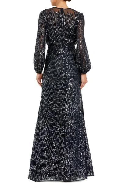 Mac Duggal Sequin Long Sleeve Blouson Evening Gown In Blue