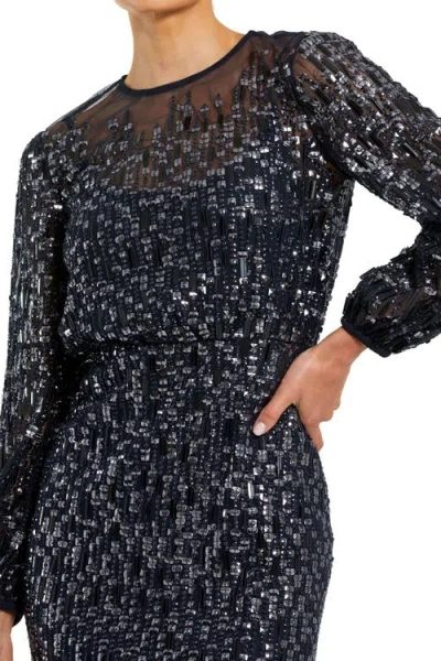 Mac Duggal Sequin Long Sleeve Blouson Evening Gown In Blue