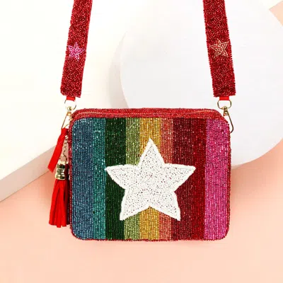Fashnzfab Rainbow Color Block Seed Beaded Star Accented Rectangle Tassel Crossbody Bag In Multi