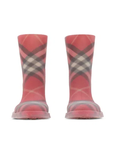 Burberry Kids Red Check Rubber Marsh High Boots In Pink
