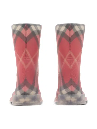 Burberry Kids Red Check Rubber Marsh High Boots In Pink