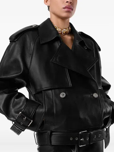 Versace Belted Leather Jacket In Black