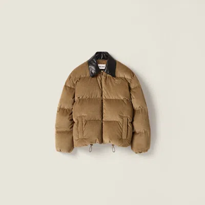 Miu Miu Corduroy And Nappa Leather Down Jacket In Brown