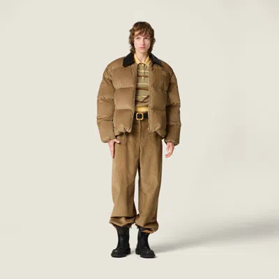 Miu Miu Corduroy And Nappa Leather Down Jacket In Brown