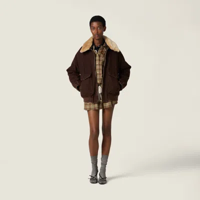 Miu Miu Garment-dyed Wool Blouson With Shearling Collar In Brown