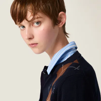 Miu Miu Cashmere Argyle Crewneck Cardigan In Black