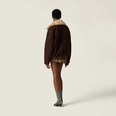 Miu Miu Garment-dyed Wool Blouson With Shearling Collar In Brown