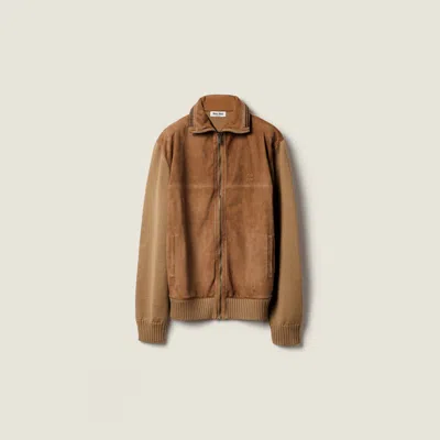 Miu Miu Wool And Leather Zipper Cardigan In Brown