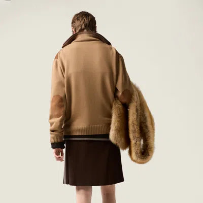 Miu Miu Wool And Leather Zipper Cardigan In Brown