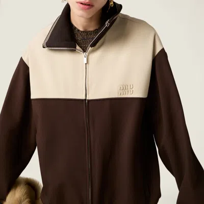 Miu Miu Knitted-cuffs Zip-front Sweatshirt In Brown