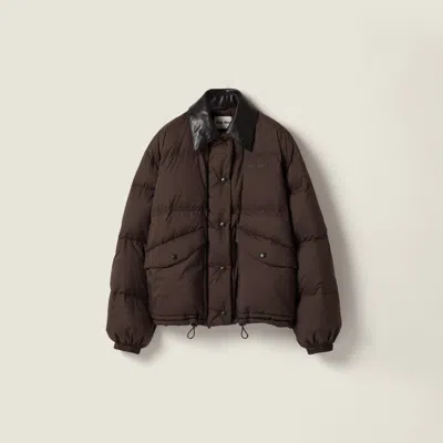 Miu Miu Technical Pongé Cropped Down Jacket In Brown