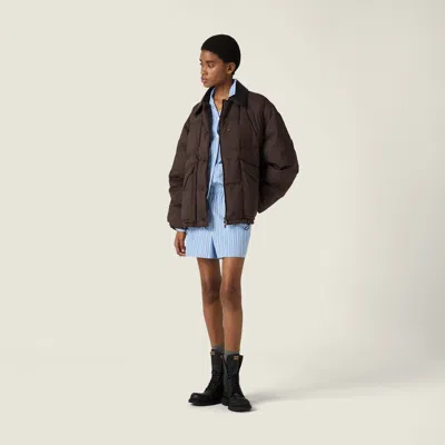 Miu Miu Technical Pongé Cropped Down Jacket In Brown