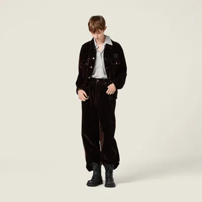 Miu Miu Washed Flocked Chambray Pants In Brown