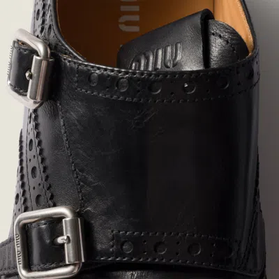 Miu Miu Calf Leather Brogue Shoe With Buckles In Black