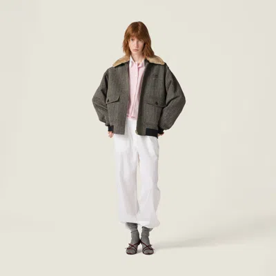 Miu Miu Chevron Blouson Jacket With Shearling Collar In Gray