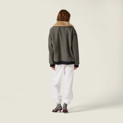 Miu Miu Chevron Blouson Jacket With Shearling Collar In Gray