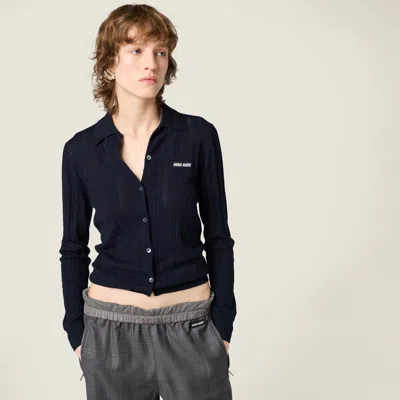 Miu Miu Openwork Cashmere Knitwear With Ribbed Cuffs And Hem In Blue