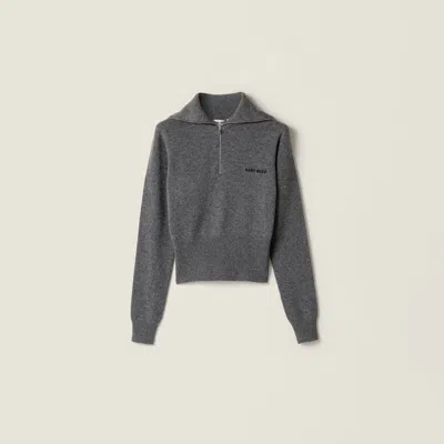 Miu Miu Quarter-zip Cashmere Crop Sweater In Gray