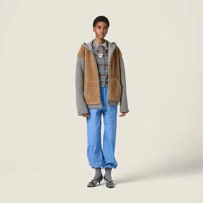 Miu Miu Wool, Cashmere And Shearling Zipper Blouson Jacket In Brown