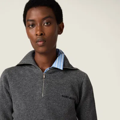 Miu Miu Quarter-zip Cashmere Crop Sweater In Gray