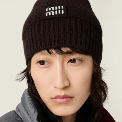 Miu Miu Stretch Wool Blend Ribbed Knit Beanie In Brown