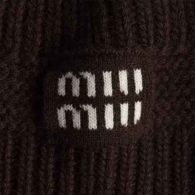 Miu Miu Stretch Wool Blend Ribbed Knit Beanie In Brown