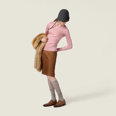 Miu Miu Diagonal Rib Silk Skirt In Brown