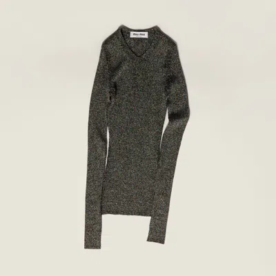 Miu Miu Lurex V-neck Sweater In Green