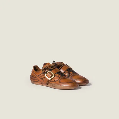 Miu Miu Leather Sneakers With Buckle In Brown