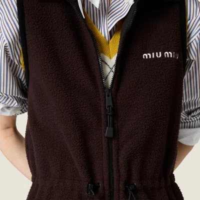 Miu Miu Mini Dress With Drawstring Waist And High Collar In Brown