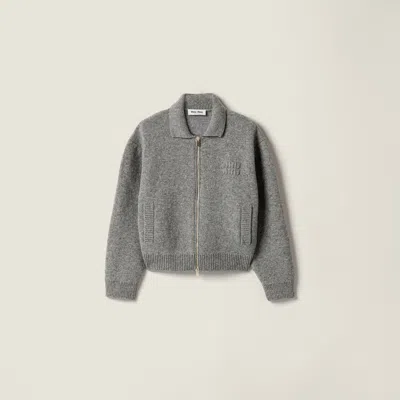 Miu Miu Shetland Wool And Cashmere Zipper Cardigan In Gray